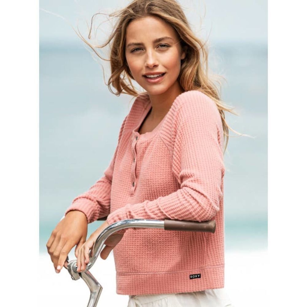 Roxy Take It Home blush pink waffle weave knit henley top